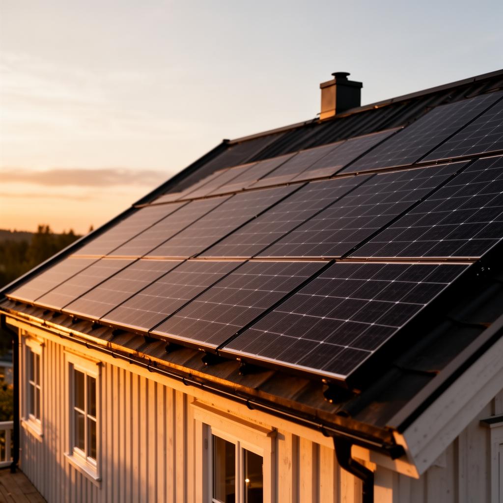Solceller med utsikt över landskap vid solnedgång